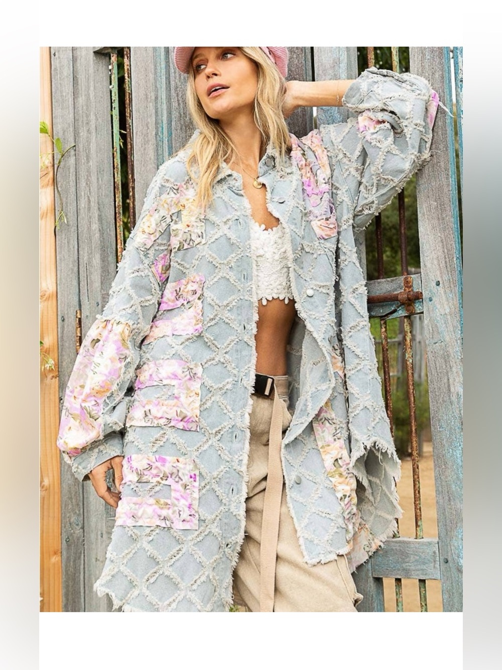 POL Pastel Floral Patchwork Shaggy Denim Duster Jacket Light Blue & Pink Sz M
